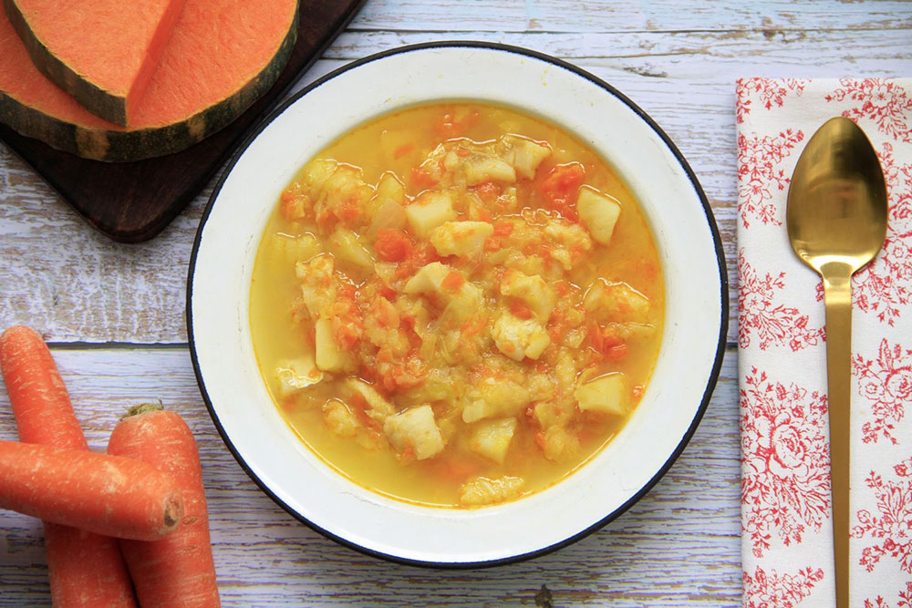 Porrusalda con calabaza y bacalao